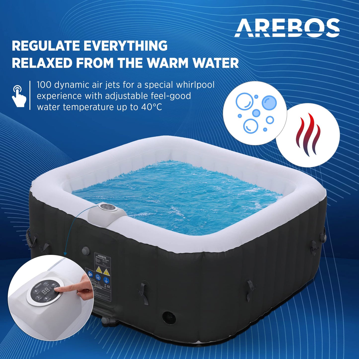 Arebos SPA Hinchable Piscina de hidromasaje | Hinchable | Cuadrada | para Interior y Exterior | 154x154cm | 4 Personas | 130 chorros de Masaje | 600 L