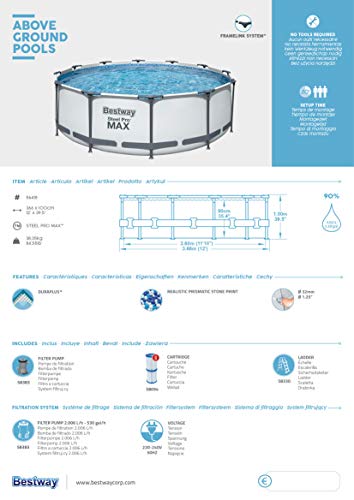 Bestway Steel Pro MAX Frame - Juego de Piscina con Bomba de Filtro (diámetro 366 x 100 cm), Color Gris Claro