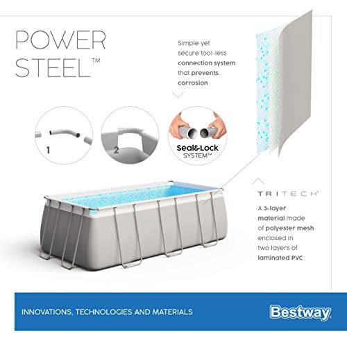 Bestway Power Steel Frame - Piscina con Filtro de Arena (488 x 244 x 122 cm, Cuadrado), Color Gris Claro