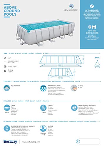 Bestway Power Steel Frame - Piscina con Filtro de Arena (488 x 244 x 122 cm, Cuadrado), Color Gris Claro
