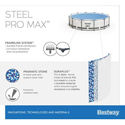 Bestway Steel Pro MAX Frame - Juego de Piscina con Bomba de Filtro (diámetro 366 x 100 cm), Color Gris Claro