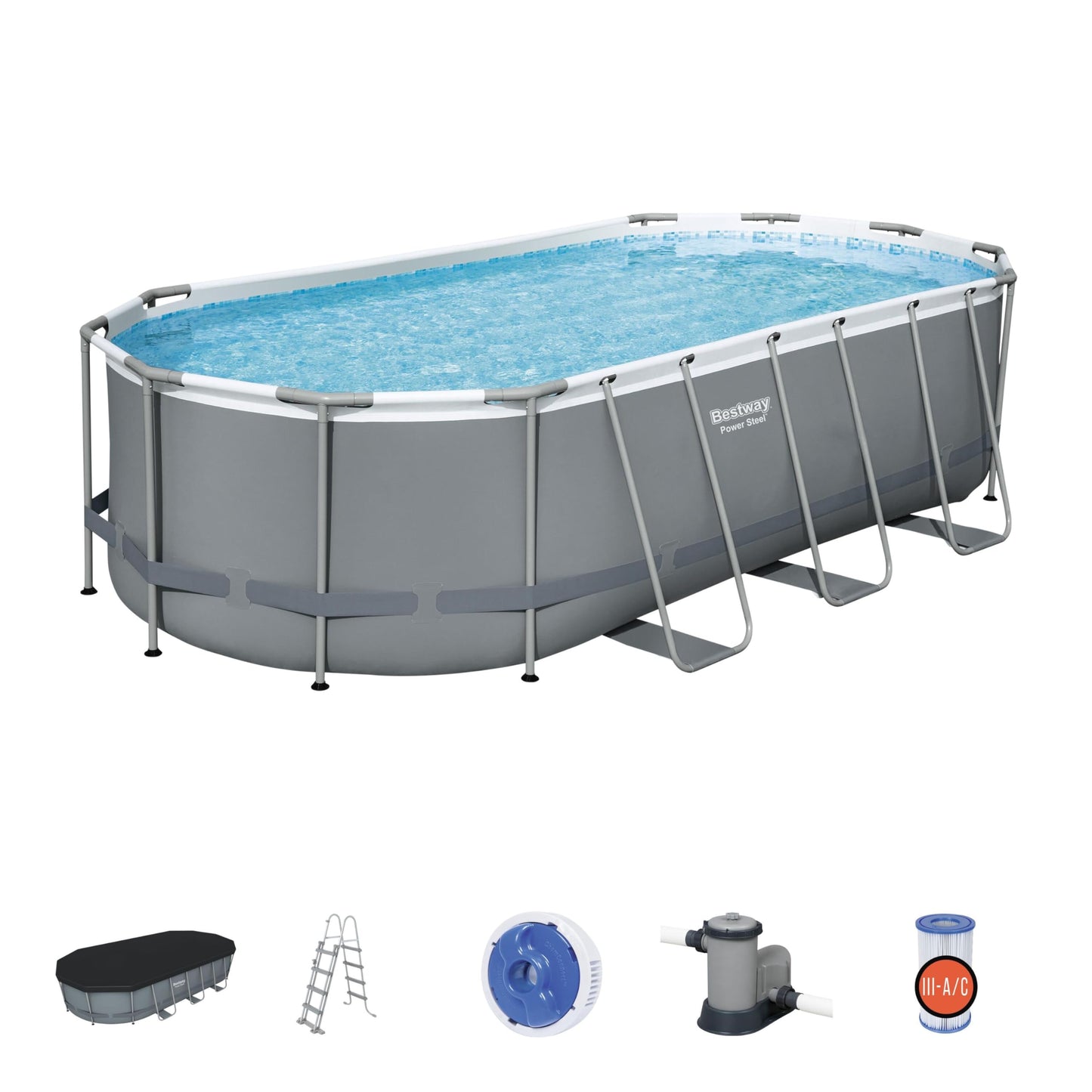 BESTWAY 56710 - Piscina Desmontable Tubular Power Steel Oval 549x274x122 cm Depuradora de cartucho de 5.678 litros/hora Con Cobertor y Escalera