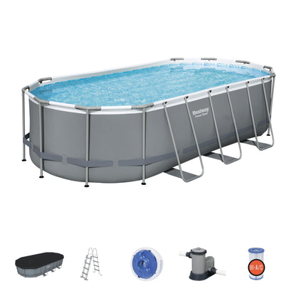 BESTWAY 56710 - Piscina Desmontable Tubular Power Steel Oval 549x274x122 cm Depuradora de cartucho de 5.678 litros/hora Con Cobertor y Escalera