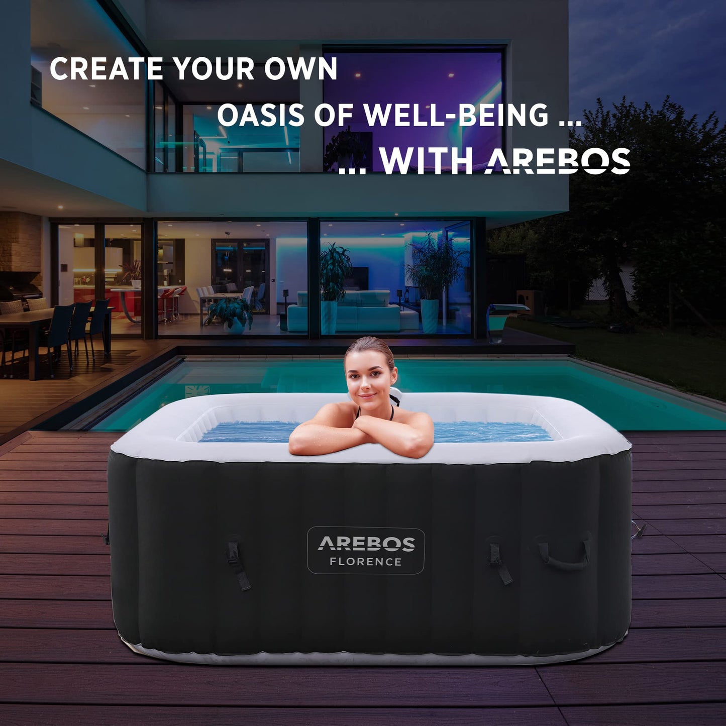 Arebos SPA Hinchable Piscina de hidromasaje | Hinchable | Cuadrada | para Interior y Exterior | 154x154cm | 4 Personas | 130 chorros de Masaje | 600 L