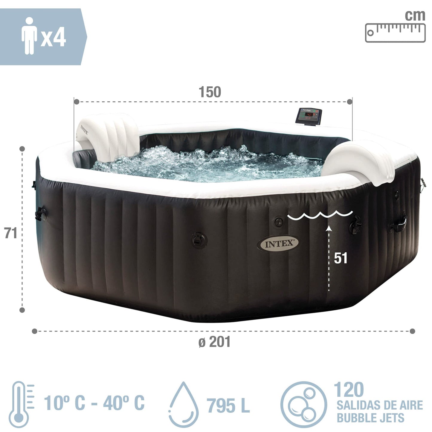 Intex Spa hinchable 4 personas octogonal, Burbujas Deluxe y chorros de agua (55081)