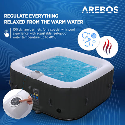 Arebos SPA Hinchable Piscina de hidromasaje | Hinchable | Cuadrada | para Interior y Exterior | 154x154cm | 4 Personas | 130 chorros de Masaje | 600 L