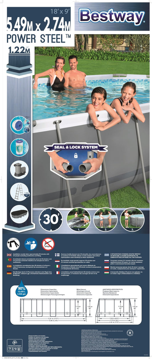 BESTWAY 56710 - Piscina Desmontable Tubular Power Steel Oval 549x274x122 cm Depuradora de cartucho de 5.678 litros/hora Con Cobertor y Escalera